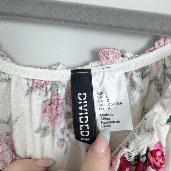 DIVIDED H&M | White Rose Print Floral Off-Shoulder Tie Front Top Women’s Size L - Picture 5 of 8